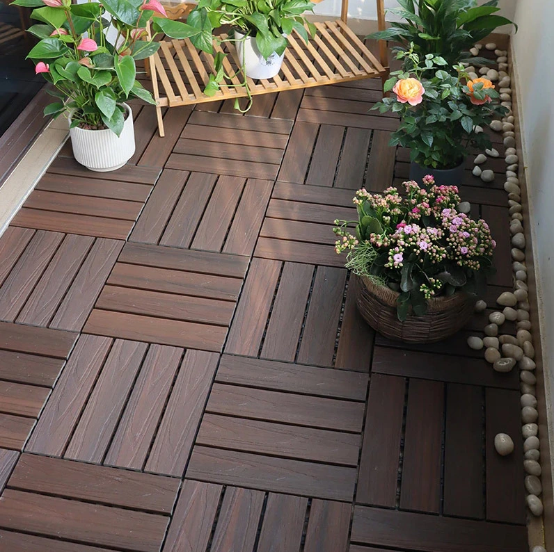 300x300mm interlocking WPC deck tiles installed on balcony and terrace floors in multiple colors
