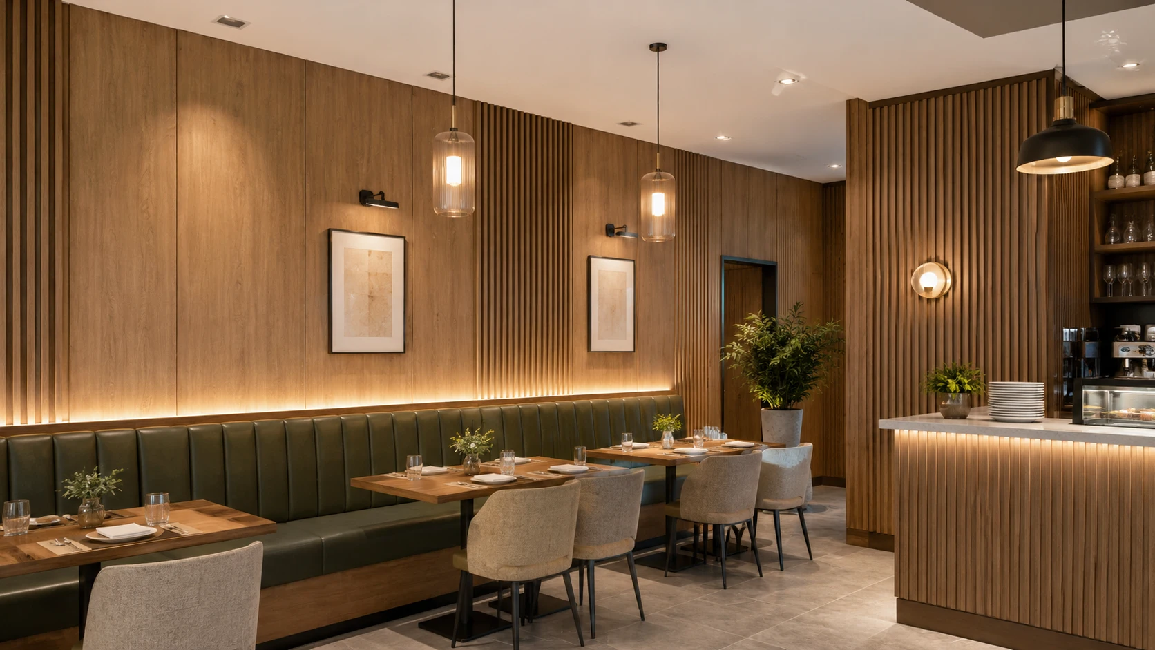 Smooth and fluted WPC wall panels in a modern restaurant dining area